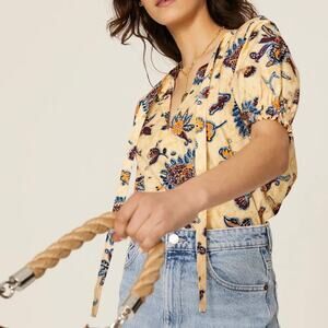 A.L.C. Ellis Yellow Floral Puff Short Sleeve V-Neck Top